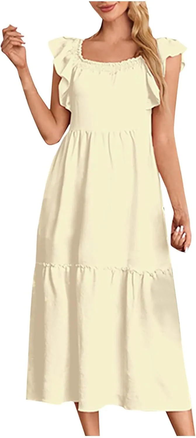 Dresses for Women 2025 Party Sleeveless Solid Color Square Neck Maxi Dress Ruffled Summer Fashion Casual Dresses