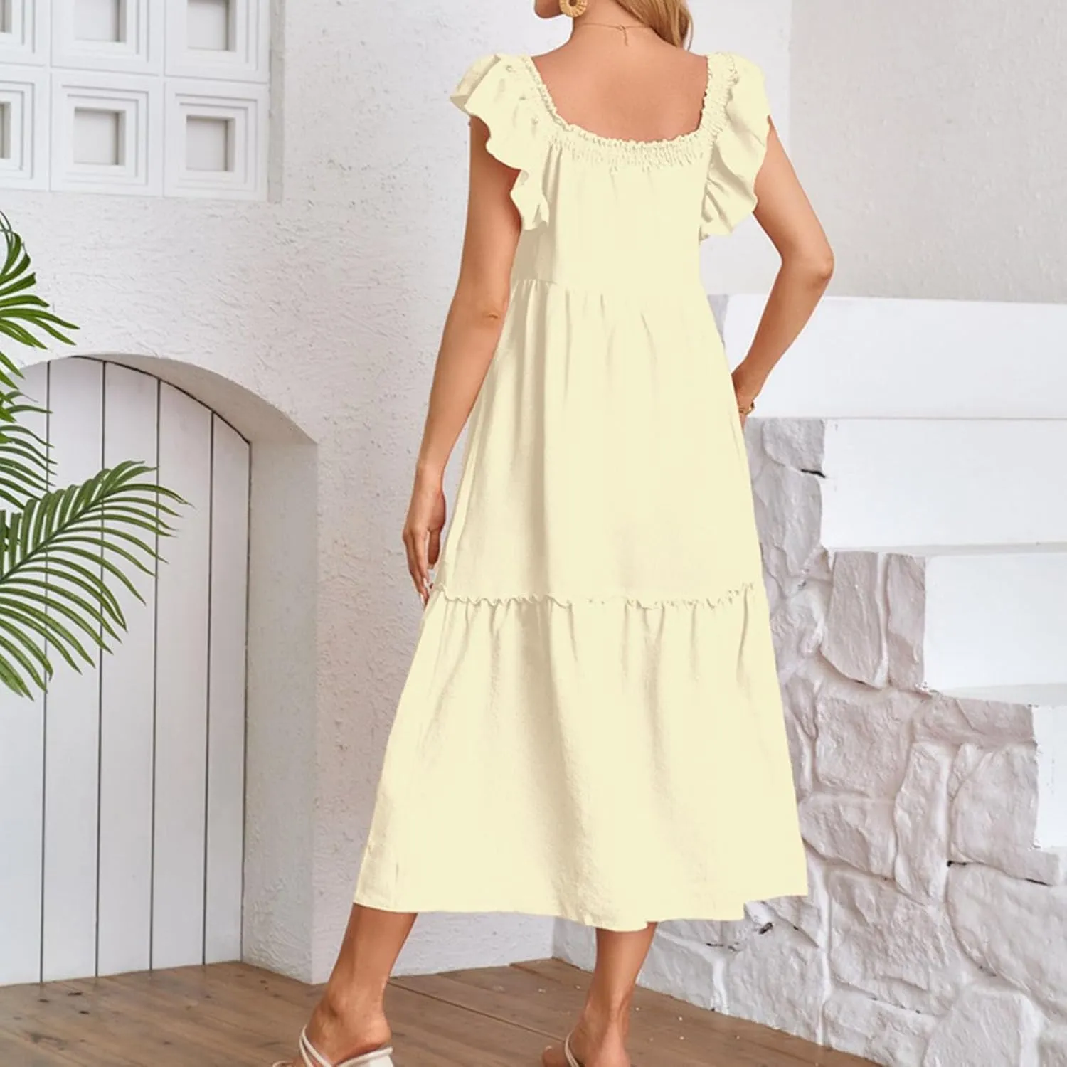 Dresses for Women 2025 Party Sleeveless Solid Color Square Neck Maxi Dress Ruffled Summer Fashion Casual Dresses
