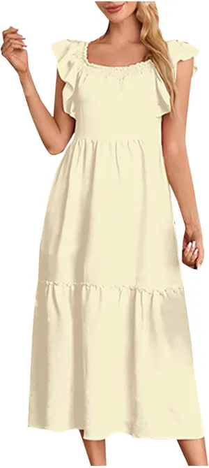 Dresses for Women 2025 Party Sleeveless Solid Color Square Neck Maxi Dress Ruffled Summer Fashion Casual Dresses