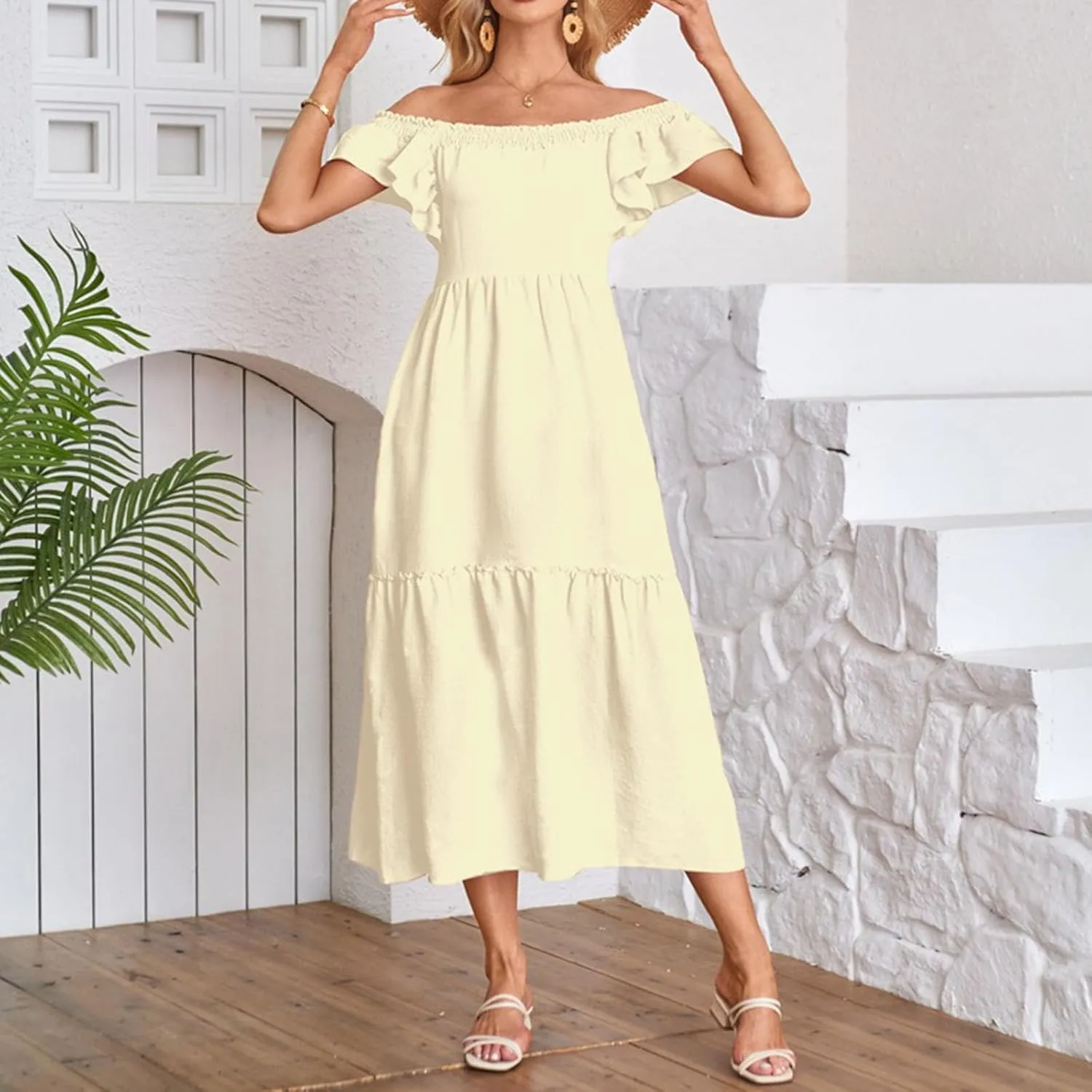 Dresses for Women 2025 Party Sleeveless Solid Color Square Neck Maxi Dress Ruffled Summer Fashion Casual Dresses