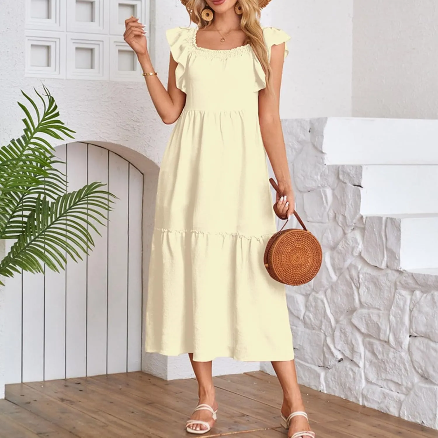 Dresses for Women 2025 Party Sleeveless Solid Color Square Neck Maxi Dress Ruffled Summer Fashion Casual Dresses