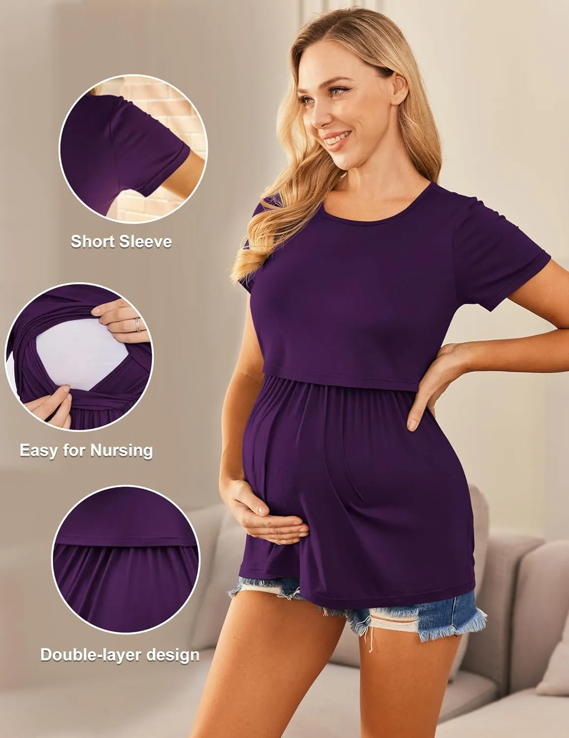 Ekouaer Womens Nursing Tops 3 Packs Short Sleeve Breastfeeding Shirts Double Layer Postpartum Shirt S-XXL