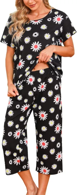 ENJOYNIGHT Womens Pajama Sets Cotton Summer Pjs Tops with Capri Pants Sleepwear