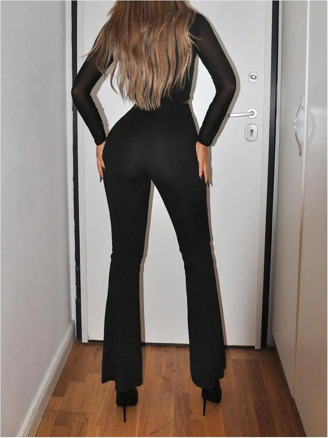 Floerns Women's Rhinestone Sparkly Contrast Mesh Sheer Pants High Waist Bell Bottom Trousers