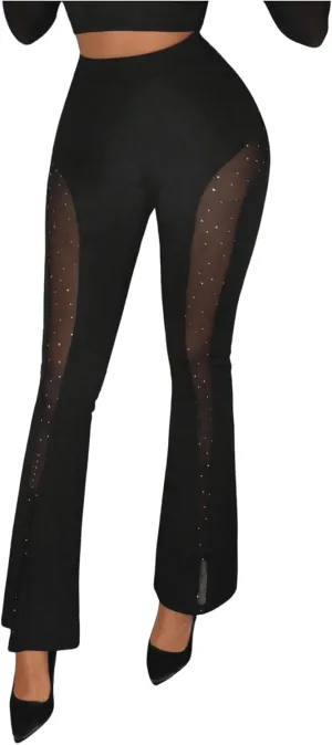 Floerns Women's Rhinestone Sparkly Contrast Mesh Sheer Pants High Waist Bell Bottom Trousers