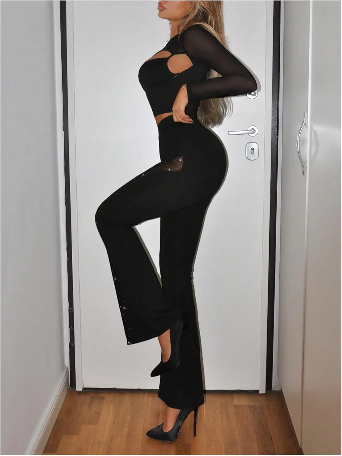 Floerns Women's Rhinestone Sparkly Contrast Mesh Sheer Pants High Waist Bell Bottom Trousers
