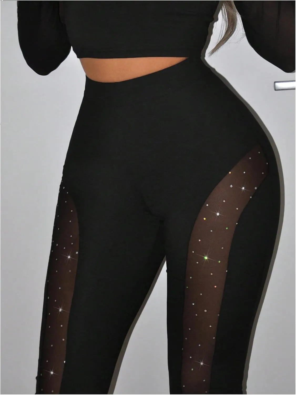 Floerns Women's Rhinestone Sparkly Contrast Mesh Sheer Pants High Waist Bell Bottom Trousers