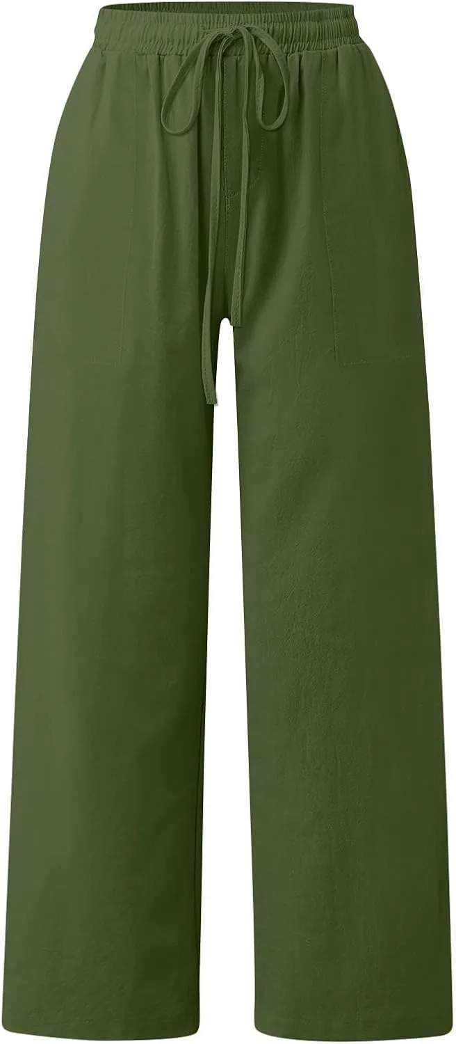 Flowy Pants for Women Workout, White Pants Trousers High Waisted Straight Leg Summer Linen Cotton Palazzo