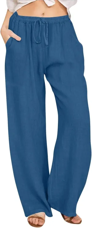 Flowy Pants for Women Workout, White Pants Trousers High Waisted Straight Leg Summer Linen Cotton Palazzo