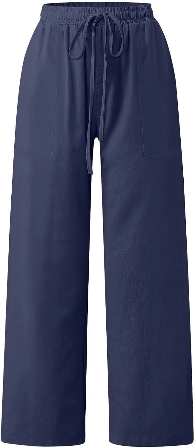 Flowy Pants for Women Workout, White Pants Trousers High Waisted Straight Leg Summer Linen Cotton Palazzo