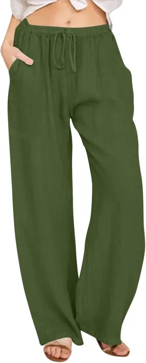 Flowy Pants for Women Workout, White Pants Trousers High Waisted Straight Leg Summer Linen Cotton Palazzo