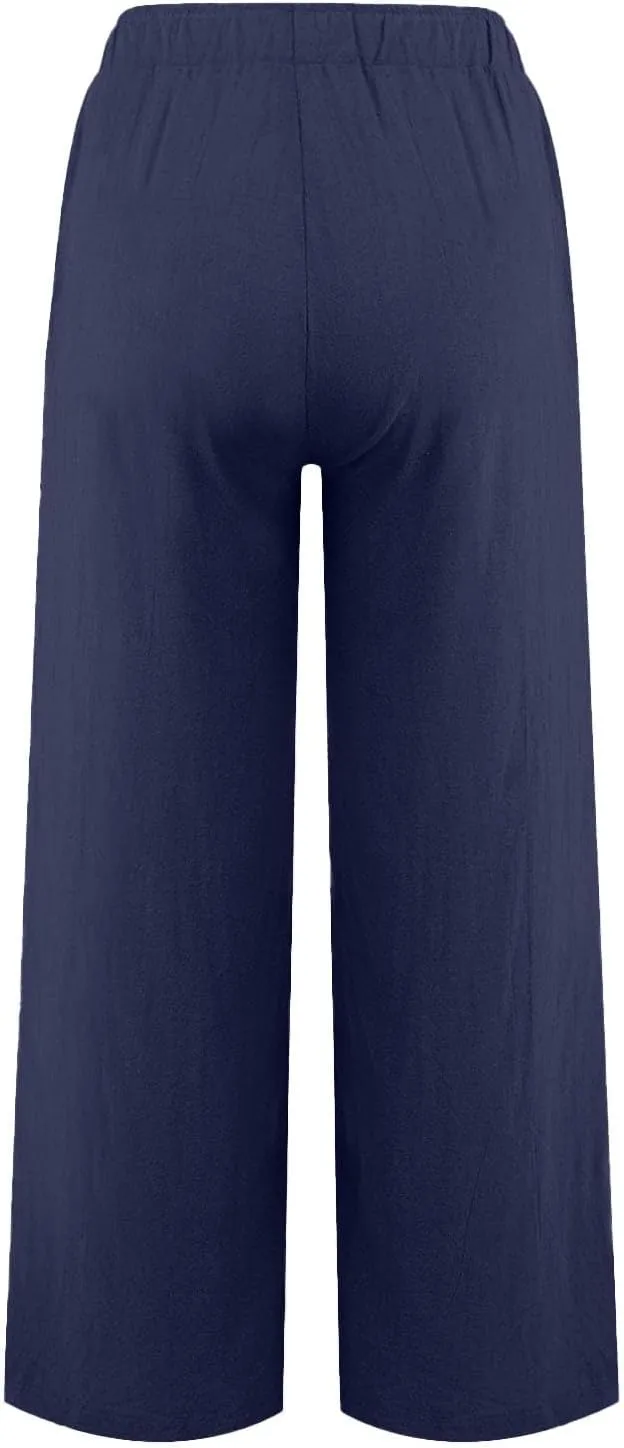 Flowy Pants for Women Workout, White Pants Trousers High Waisted Straight Leg Summer Linen Cotton Palazzo