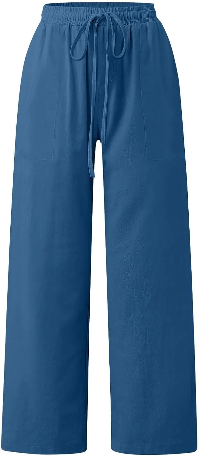 Flowy Pants for Women Workout, White Pants Trousers High Waisted Straight Leg Summer Linen Cotton Palazzo