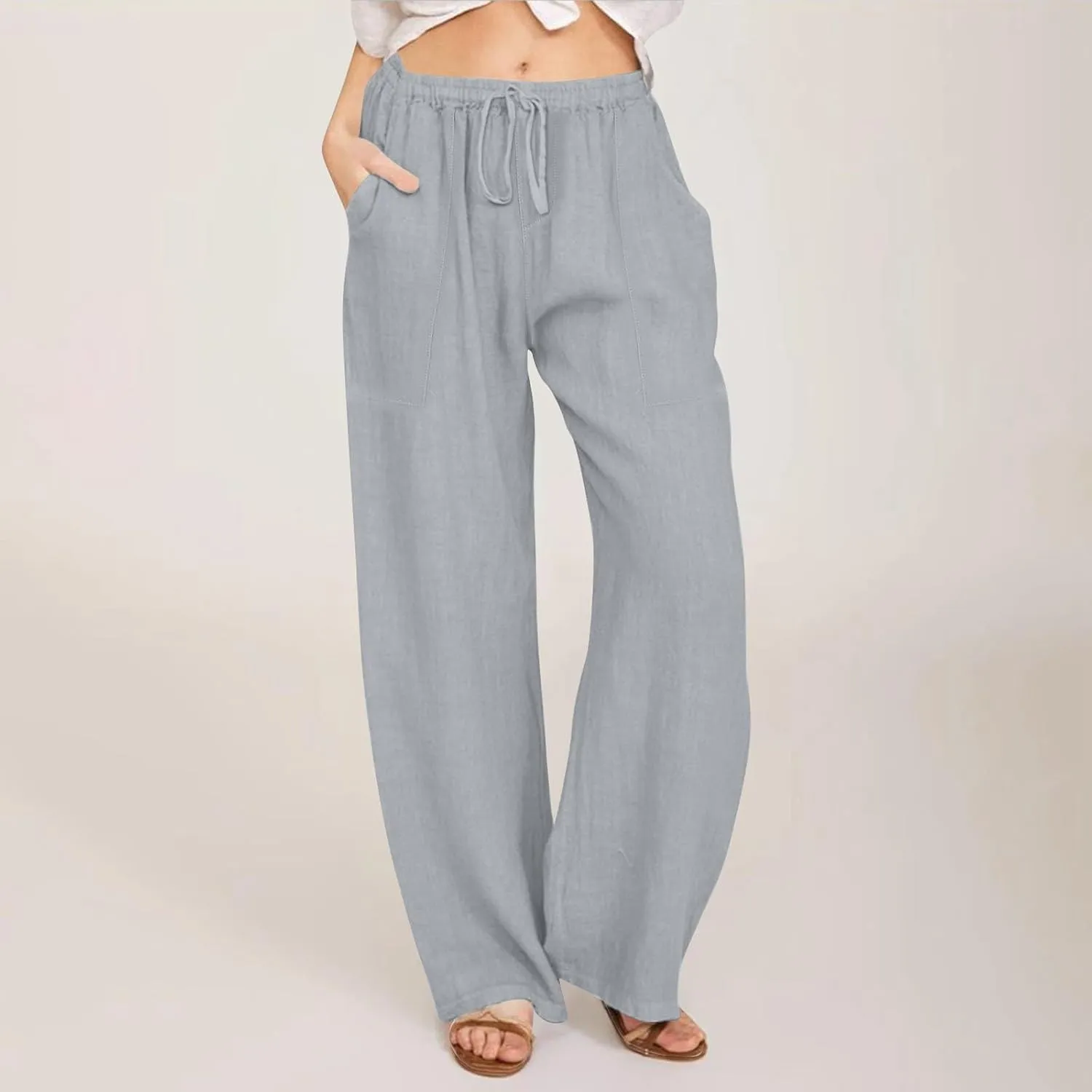 Flowy Pants for Women Workout, White Pants Trousers High Waisted Straight Leg Summer Linen Cotton Palazzo