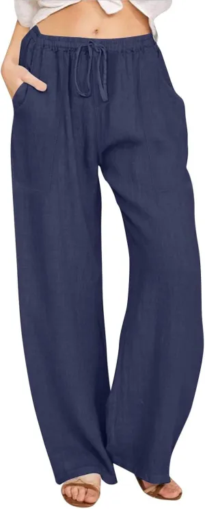 Flowy Pants for Women Workout, White Pants Trousers High Waisted Straight Leg Summer Linen Cotton Palazzo