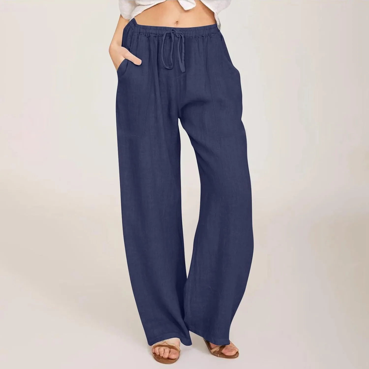 Flowy Pants for Women Workout, White Pants Trousers High Waisted Straight Leg Summer Linen Cotton Palazzo