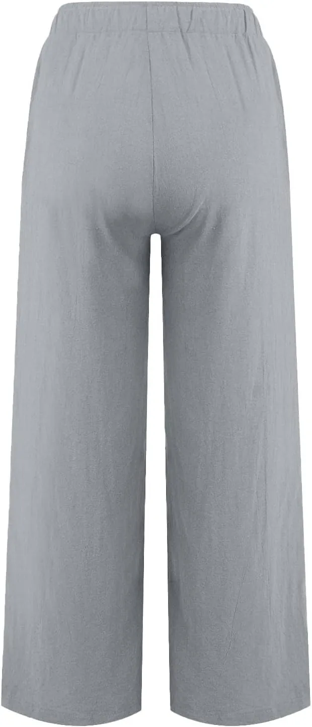 Flowy Pants for Women Workout, White Pants Trousers High Waisted Straight Leg Summer Linen Cotton Palazzo