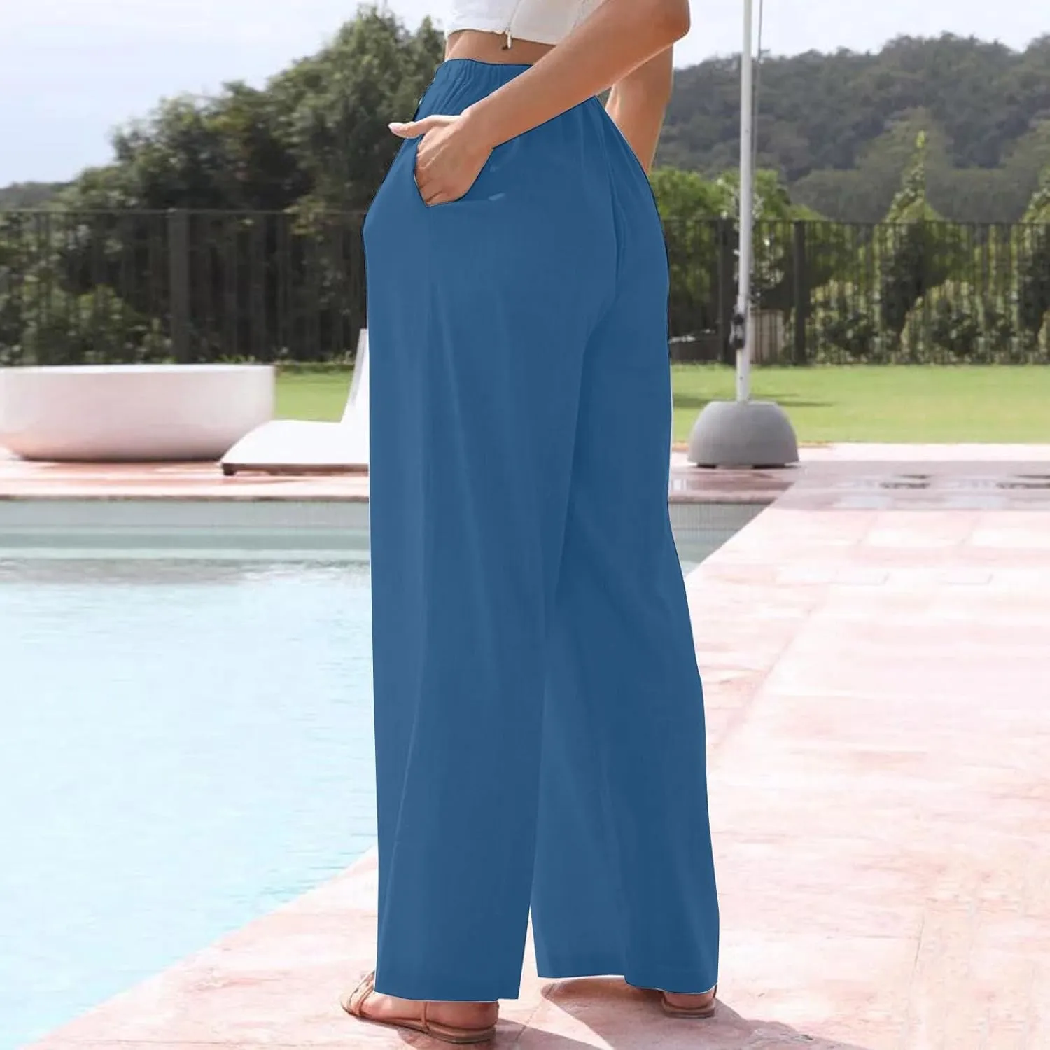 Flowy Pants for Women Workout, White Pants Trousers High Waisted Straight Leg Summer Linen Cotton Palazzo
