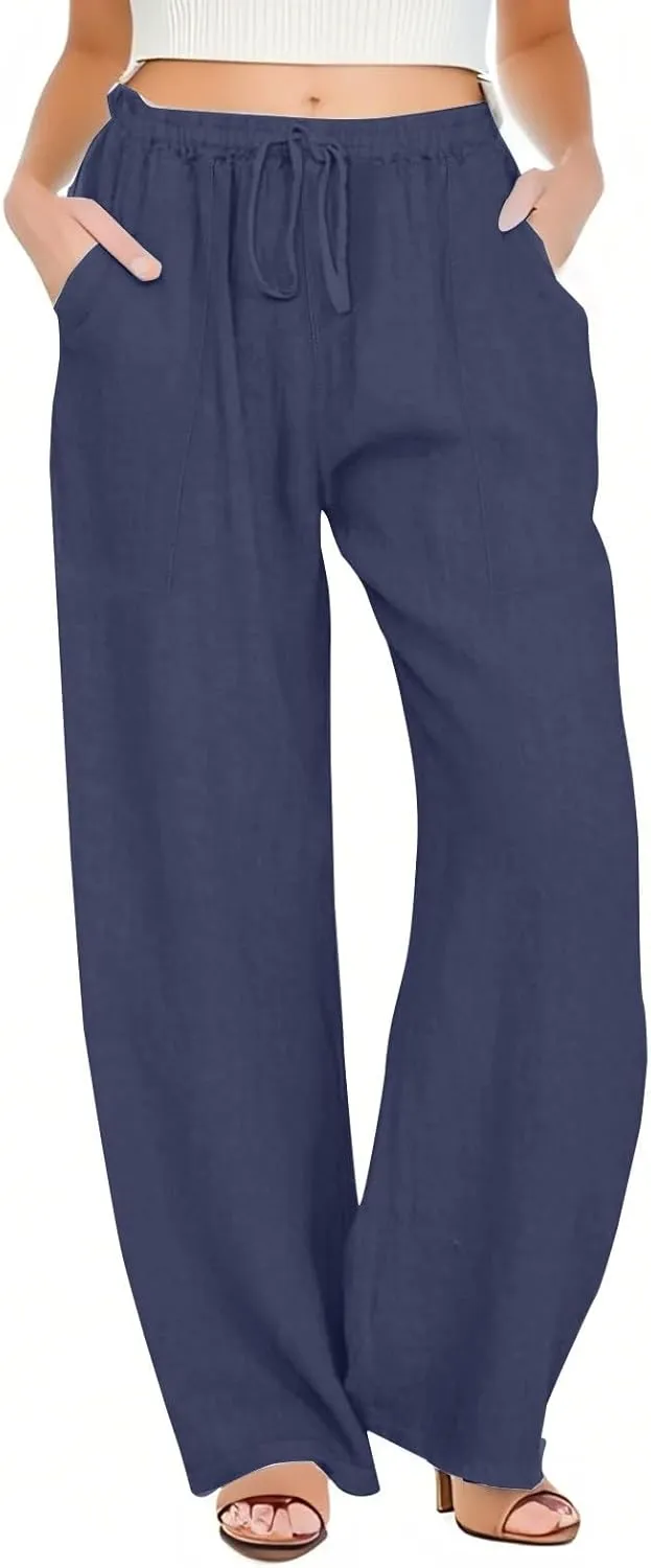 Flowy Pants for Women Workout, White Pants Trousers High Waisted Straight Leg Summer Linen Cotton Palazzo