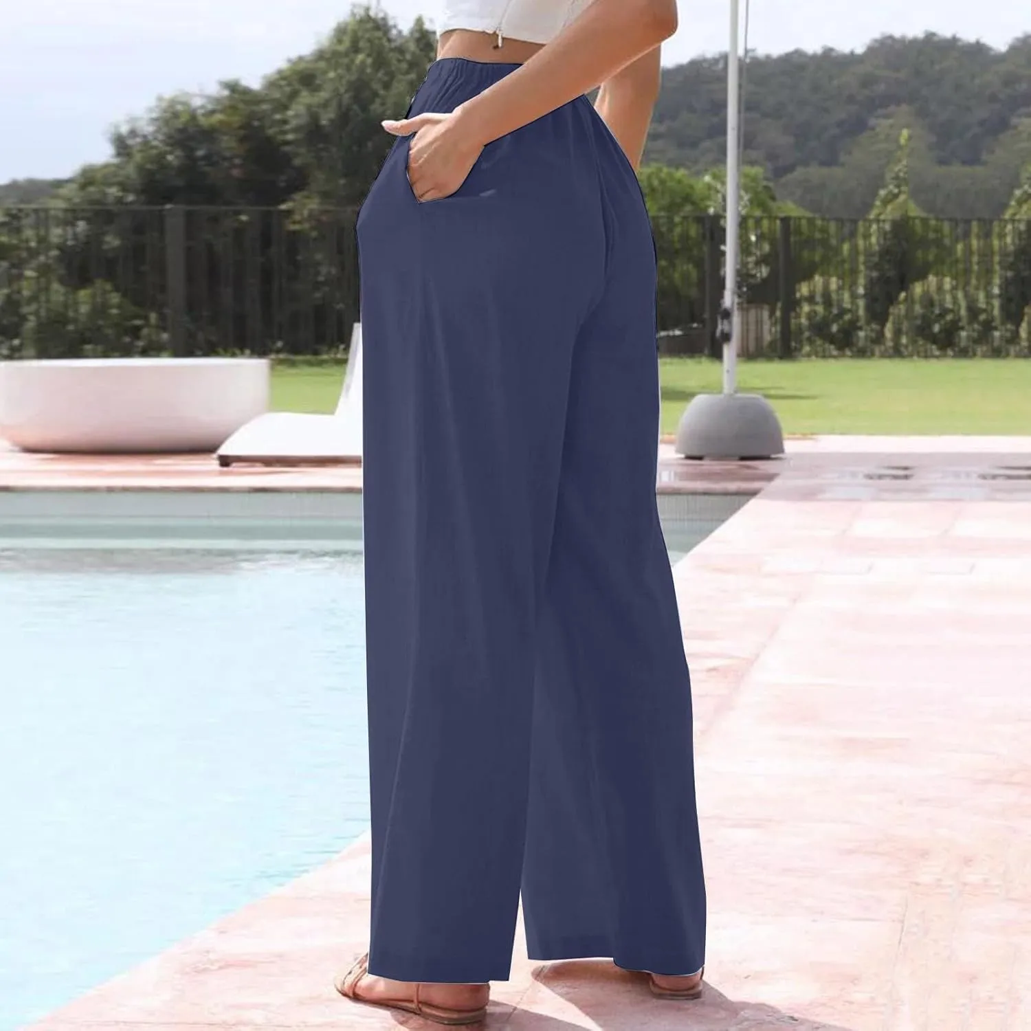 Flowy Pants for Women Workout, White Pants Trousers High Waisted Straight Leg Summer Linen Cotton Palazzo