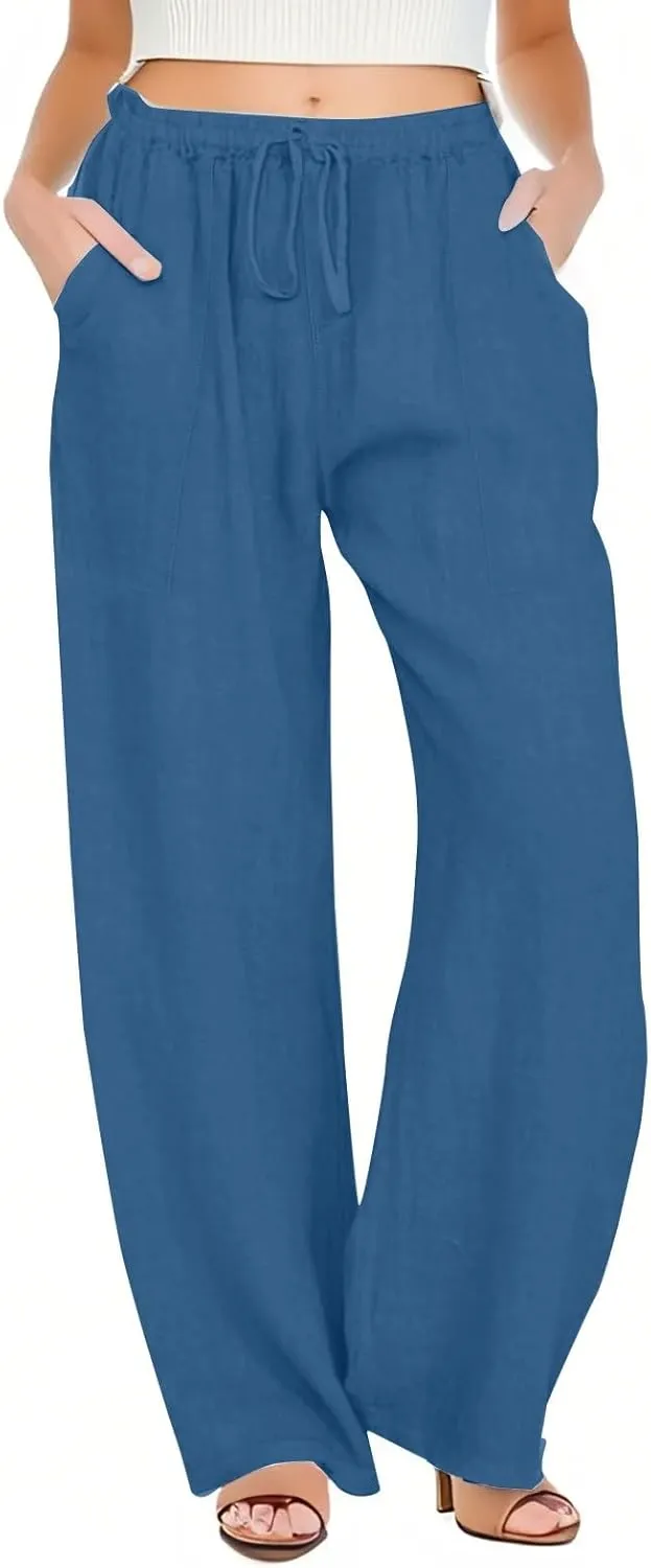 Flowy Pants for Women Workout, White Pants Trousers High Waisted Straight Leg Summer Linen Cotton Palazzo
