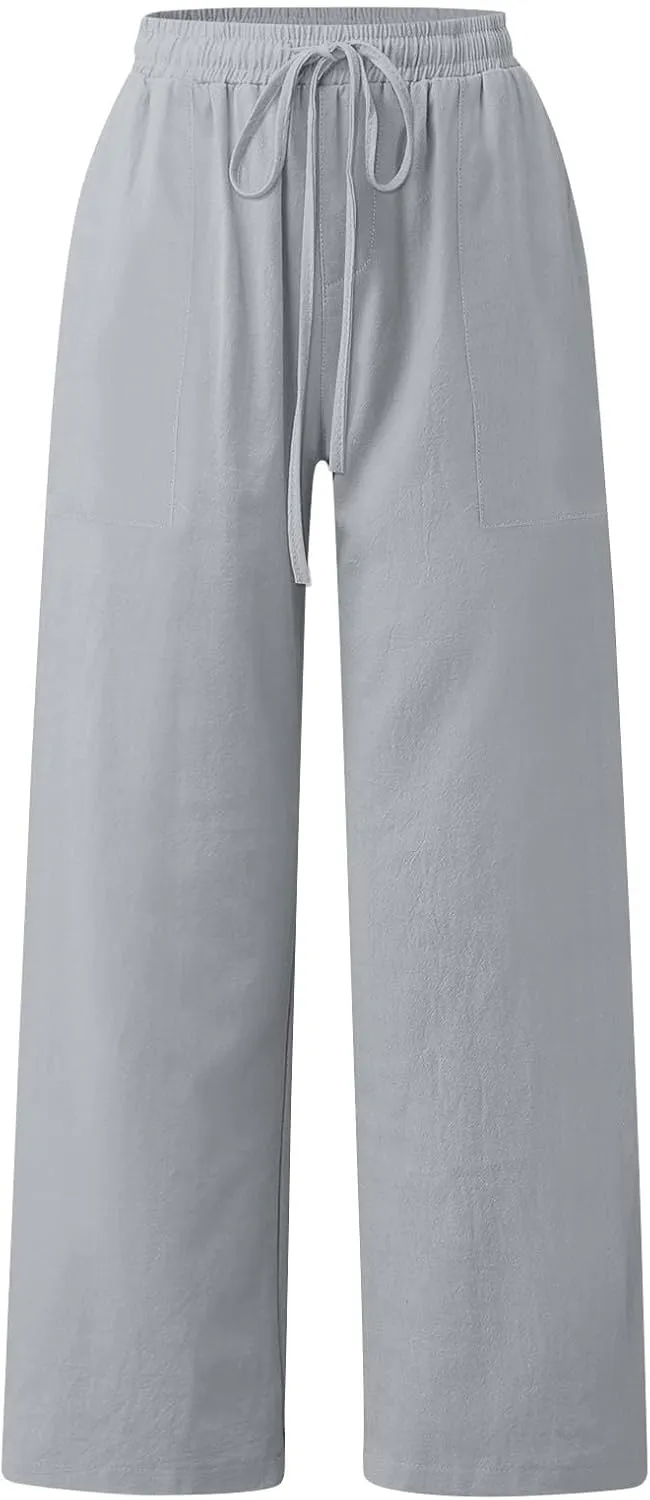 Flowy Pants for Women Workout, White Pants Trousers High Waisted Straight Leg Summer Linen Cotton Palazzo