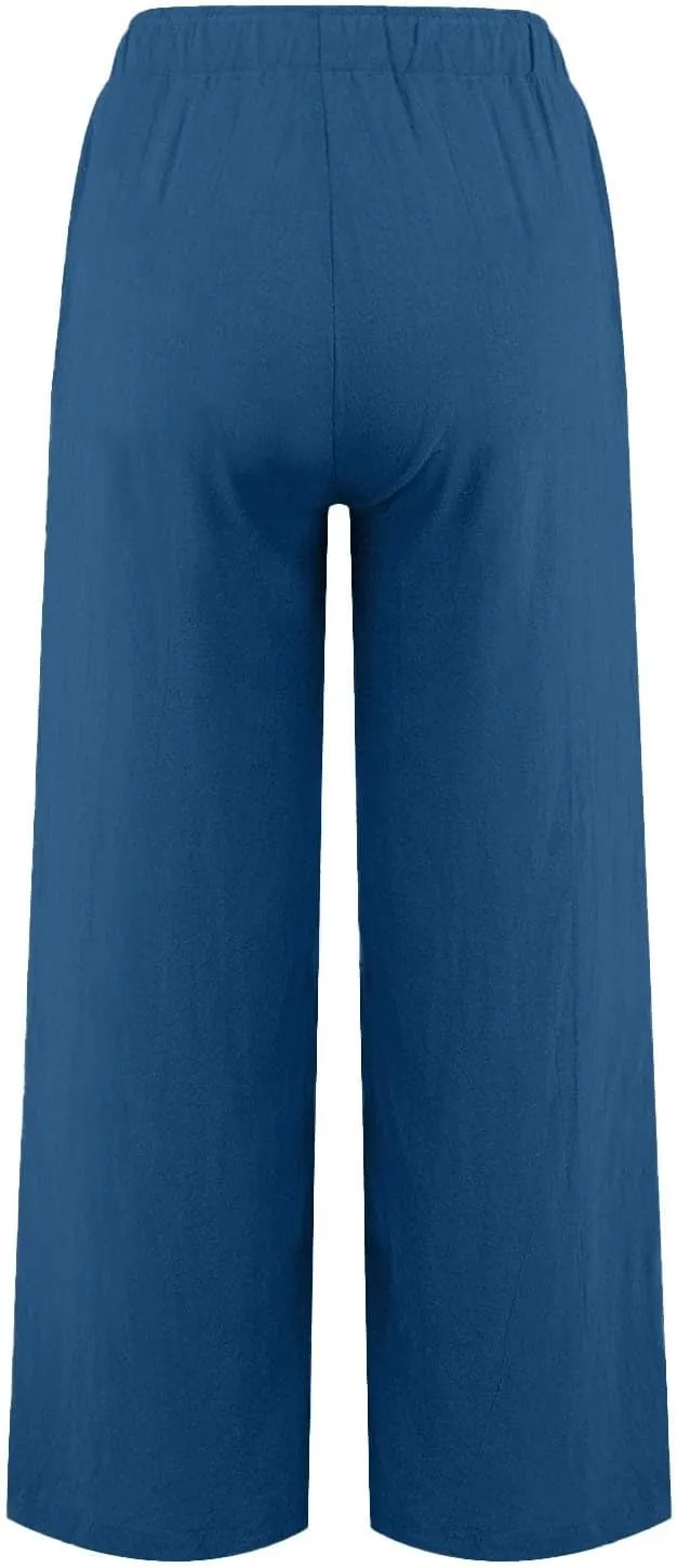 Flowy Pants for Women Workout, White Pants Trousers High Waisted Straight Leg Summer Linen Cotton Palazzo