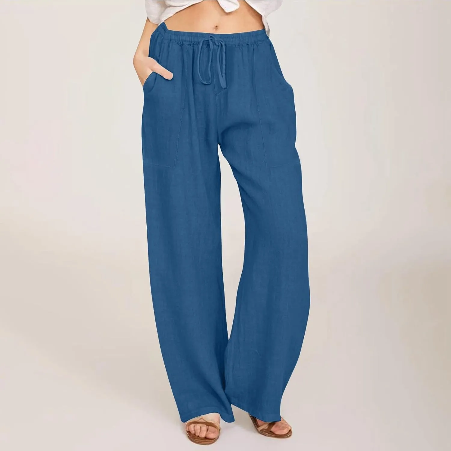 Flowy Pants for Women Workout, White Pants Trousers High Waisted Straight Leg Summer Linen Cotton Palazzo