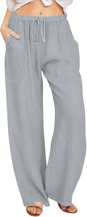 Flowy Pants for Women Workout, White Pants Trousers High Waisted Straight Leg Summer Linen Cotton Palazzo