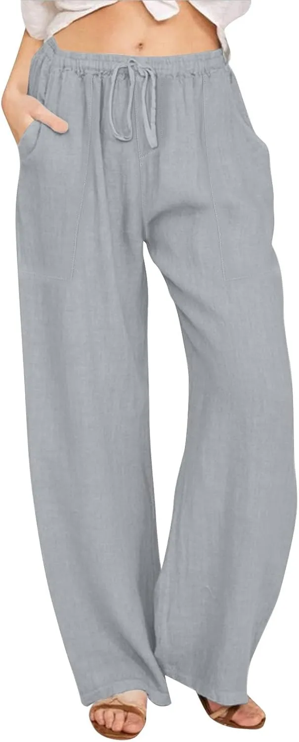 Flowy Pants for Women Workout, White Pants Trousers High Waisted Straight Leg Summer Linen Cotton Palazzo