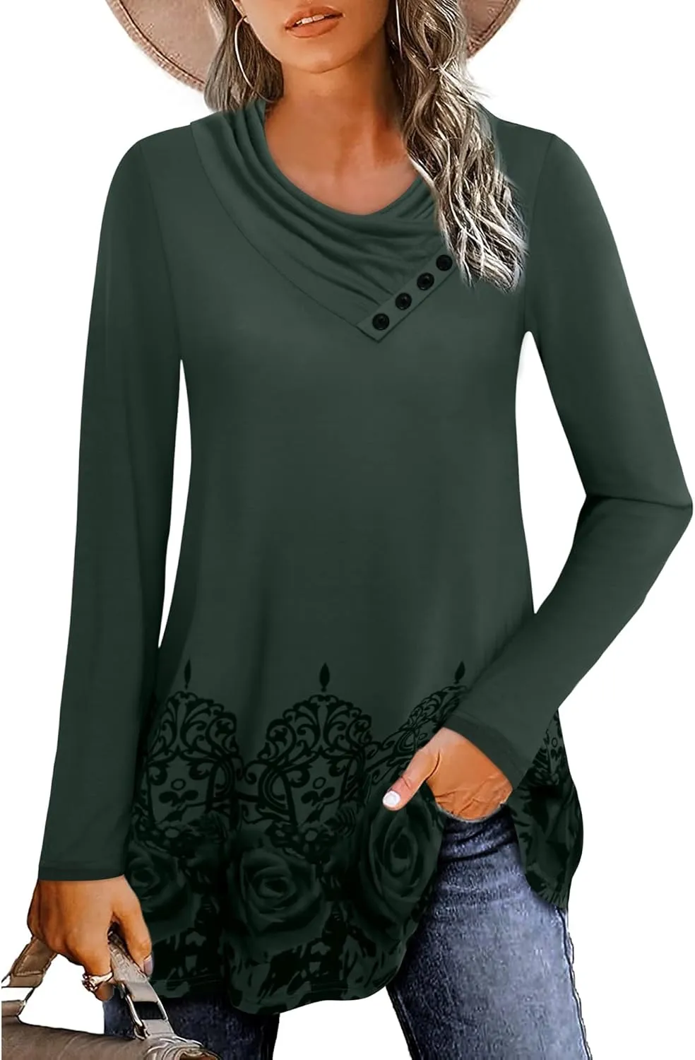 Gaharu Women's Long Sleeve Button Cowl Neck Floral Printed Casual Tunic Tops