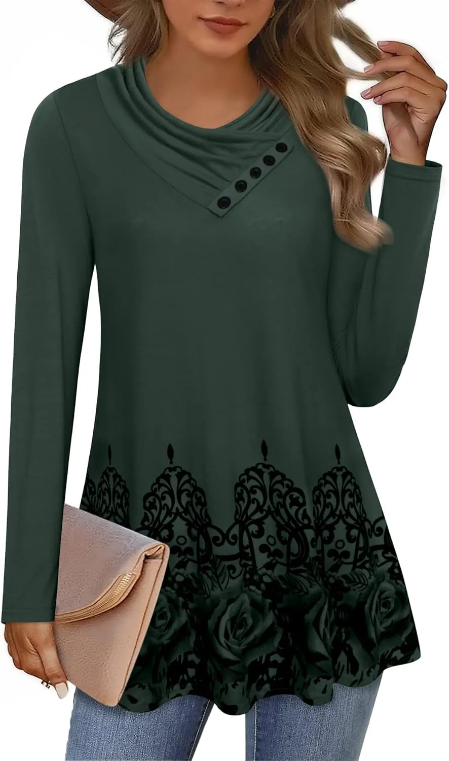 Gaharu Women's Long Sleeve Button Cowl Neck Floral Printed Casual Tunic Tops