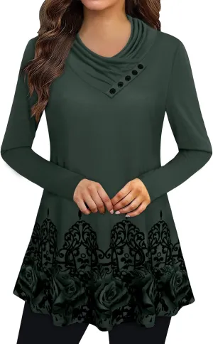Gaharu Women's Long Sleeve Button Cowl Neck Floral Printed Casual Tunic Tops