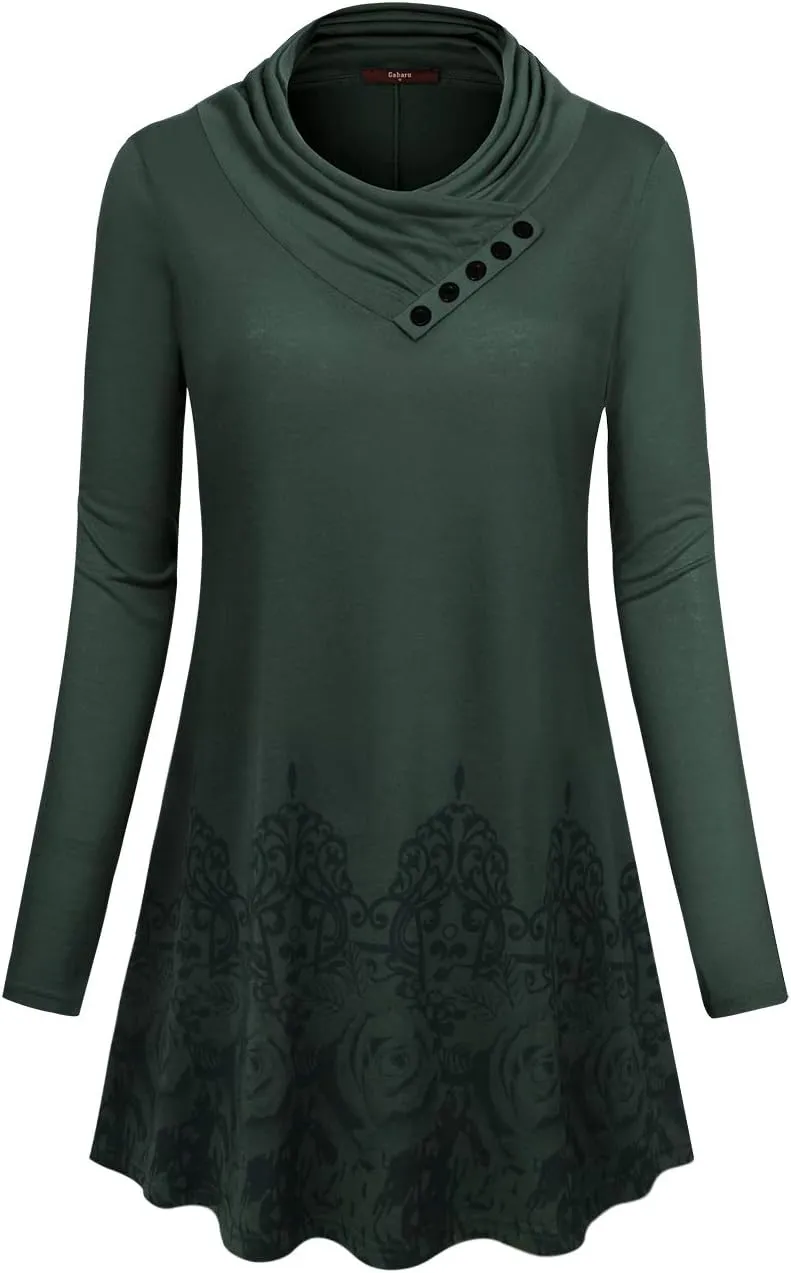 Gaharu Women's Long Sleeve Button Cowl Neck Floral Printed Casual Tunic Tops