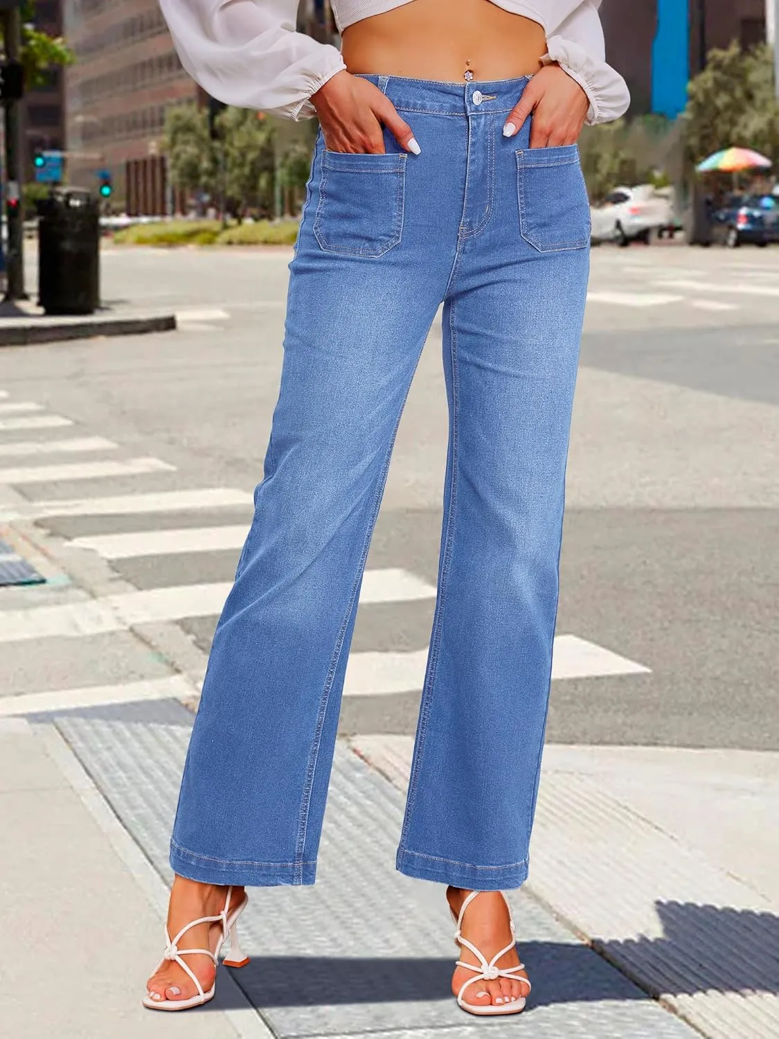 Genleck Wide Leg Jeans for Women  High Waisted Stretch Front Patch Pockets Trendy Jeans Baggy Mom Tummy Control Denim Pants