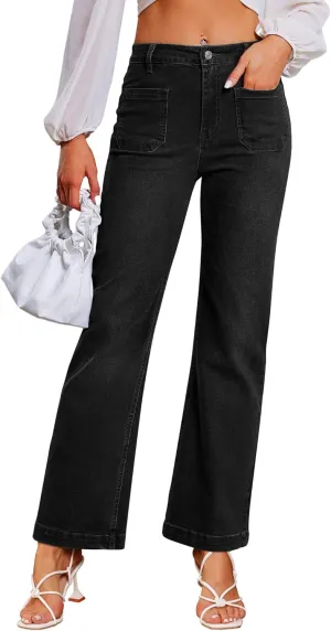Genleck Wide Leg Jeans for Women  High Waisted Stretch Front Patch Pockets Trendy Jeans Baggy Mom Tummy Control Denim Pants