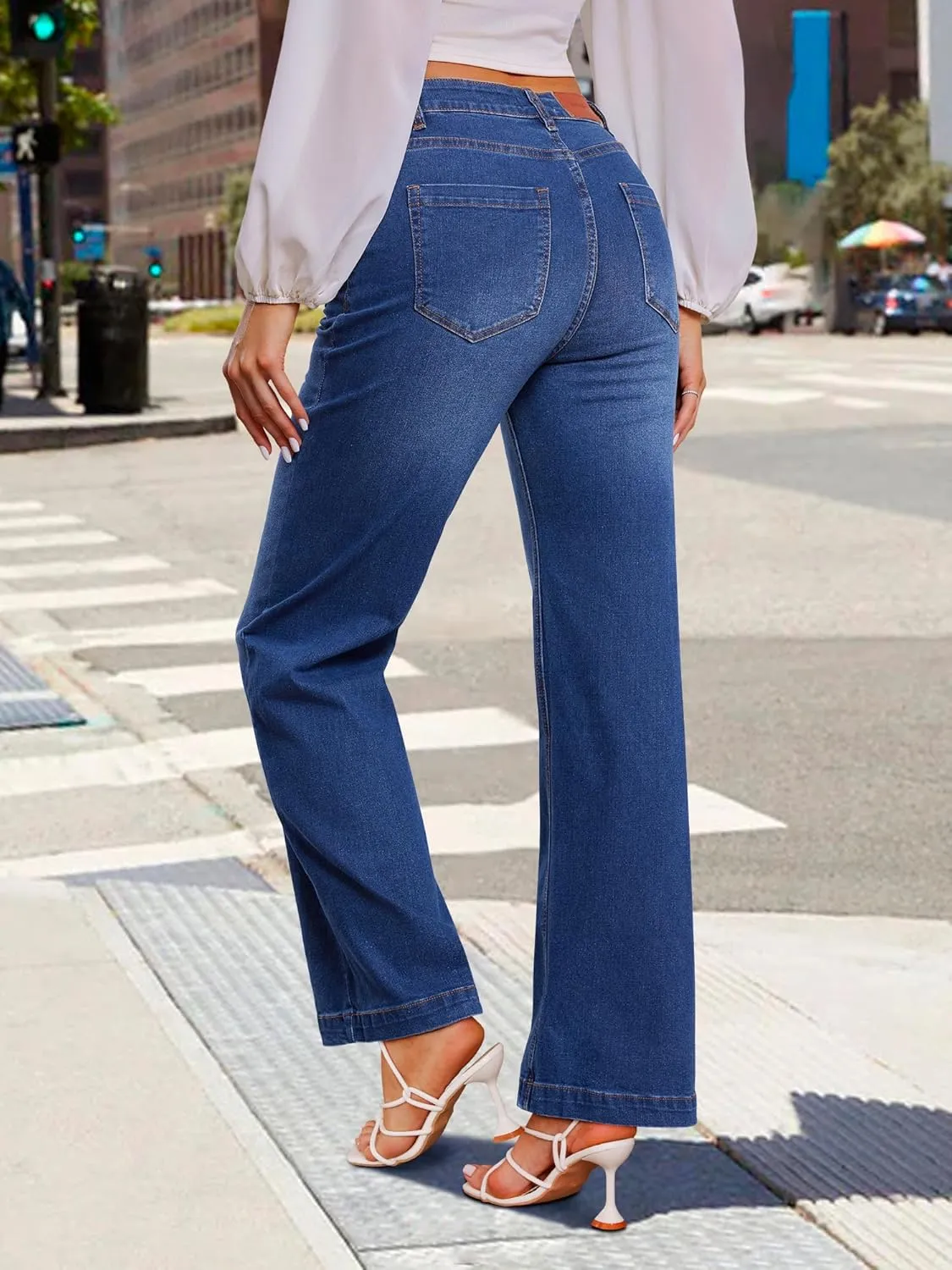 Genleck Wide Leg Jeans for Women  High Waisted Stretch Front Patch Pockets Trendy Jeans Baggy Mom Tummy Control Denim Pants