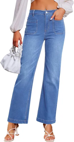 Genleck Wide Leg Jeans for Women  High Waisted Stretch Front Patch Pockets Trendy Jeans Baggy Mom Tummy Control Denim Pants