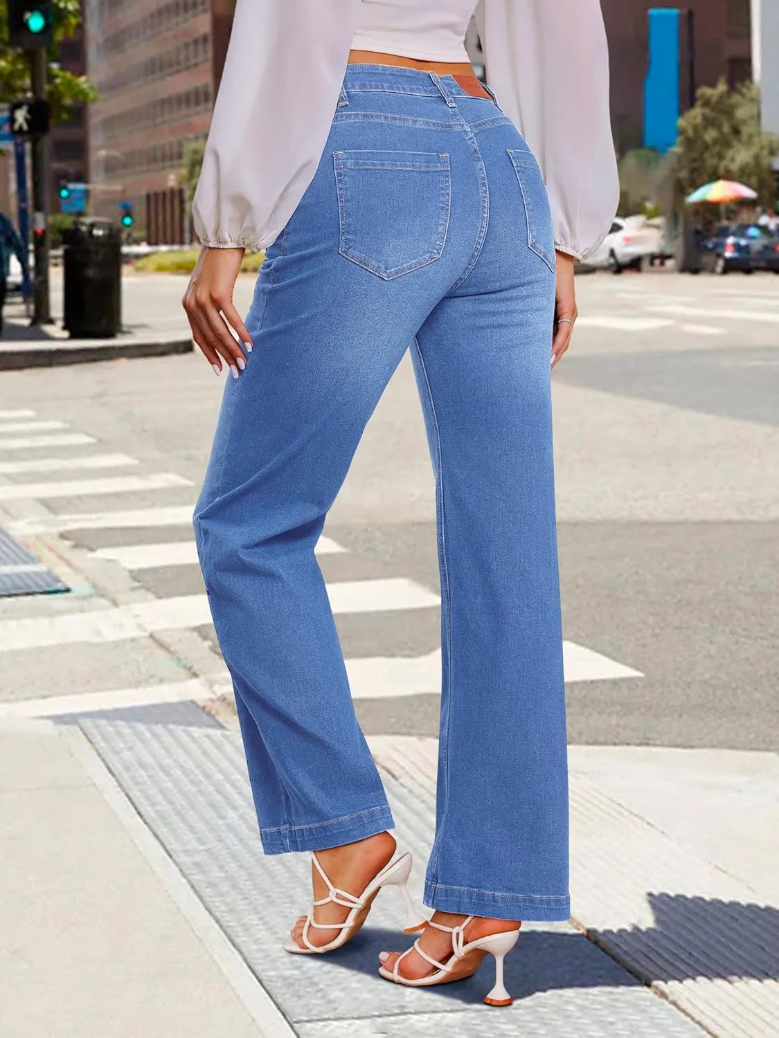 Genleck Wide Leg Jeans for Women  High Waisted Stretch Front Patch Pockets Trendy Jeans Baggy Mom Tummy Control Denim Pants