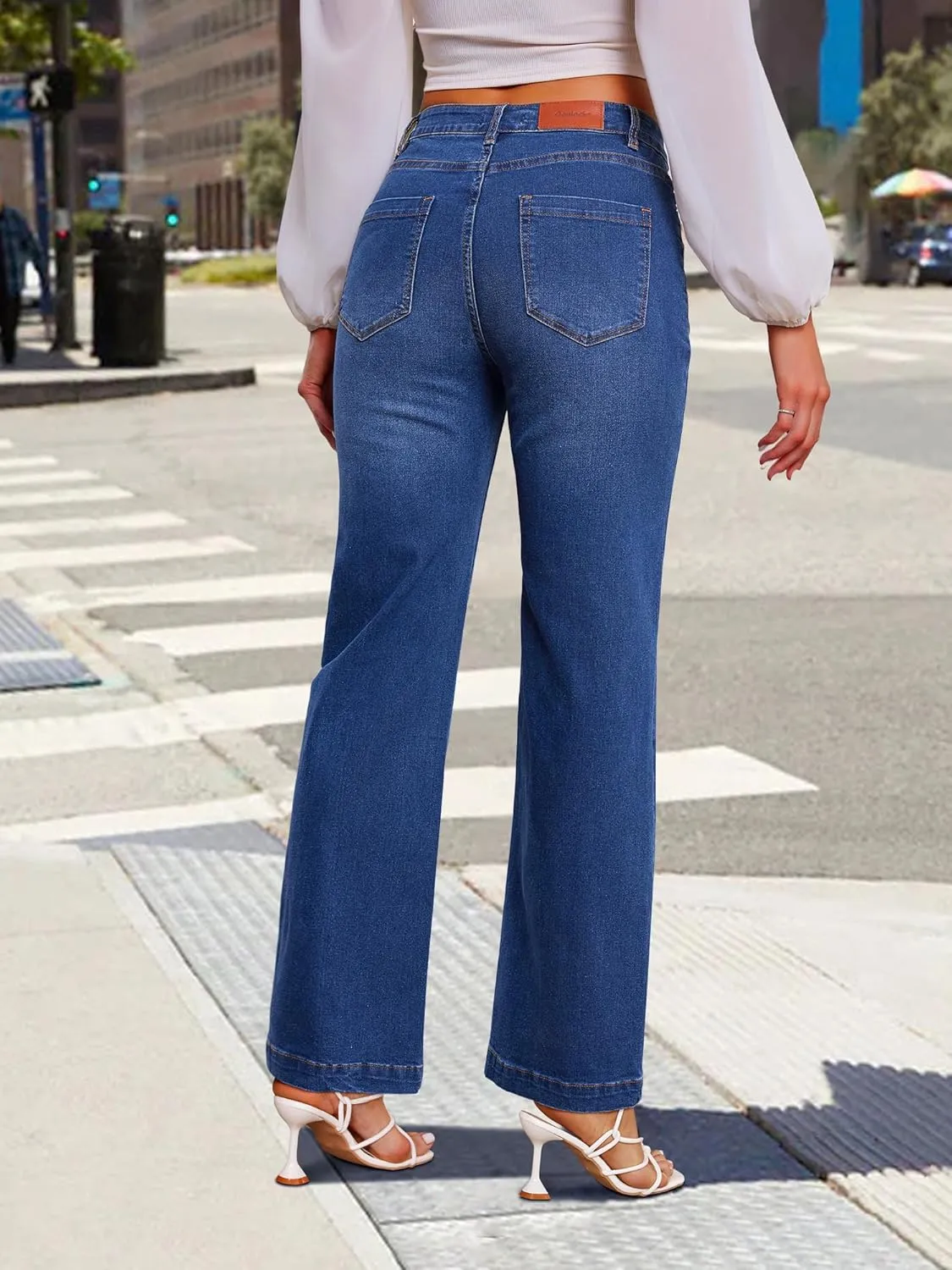 Genleck Wide Leg Jeans for Women  High Waisted Stretch Front Patch Pockets Trendy Jeans Baggy Mom Tummy Control Denim Pants