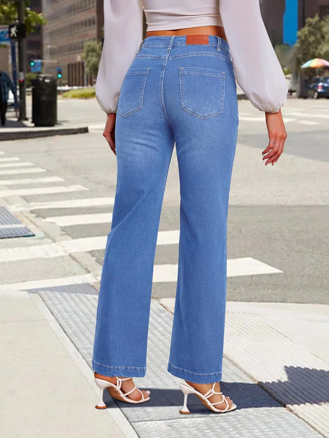 Genleck Wide Leg Jeans for Women  High Waisted Stretch Front Patch Pockets Trendy Jeans Baggy Mom Tummy Control Denim Pants