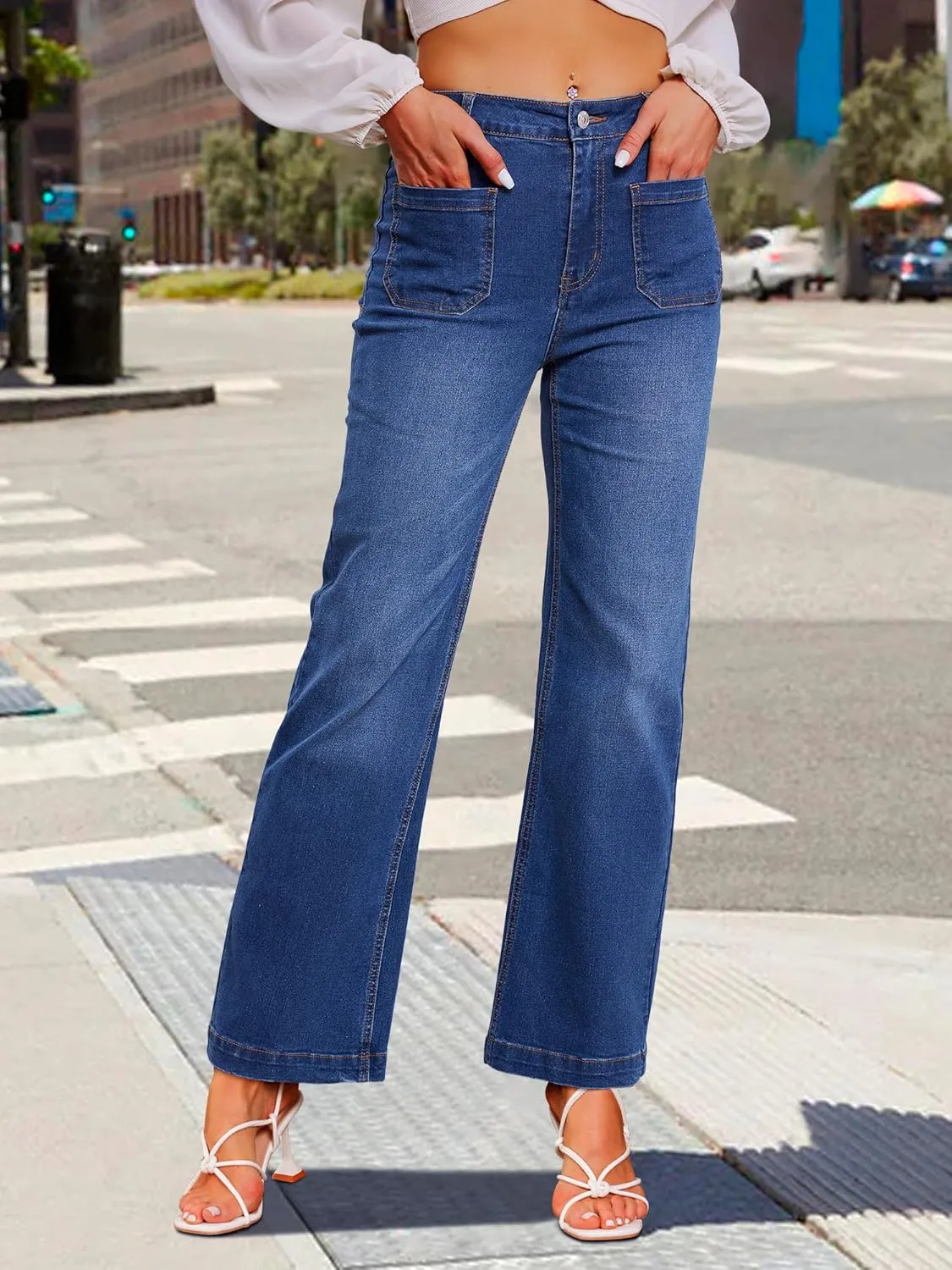Genleck Wide Leg Jeans for Women  High Waisted Stretch Front Patch Pockets Trendy Jeans Baggy Mom Tummy Control Denim Pants