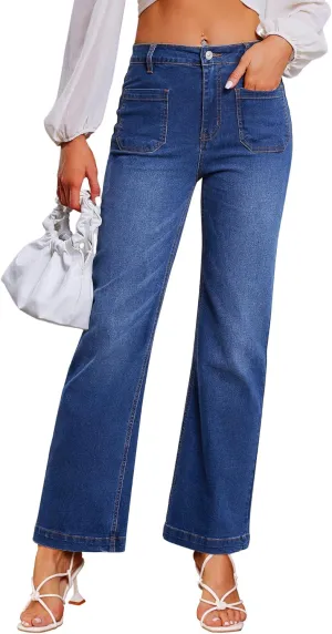 Genleck Wide Leg Jeans for Women  High Waisted Stretch Front Patch Pockets Trendy Jeans Baggy Mom Tummy Control Denim Pants