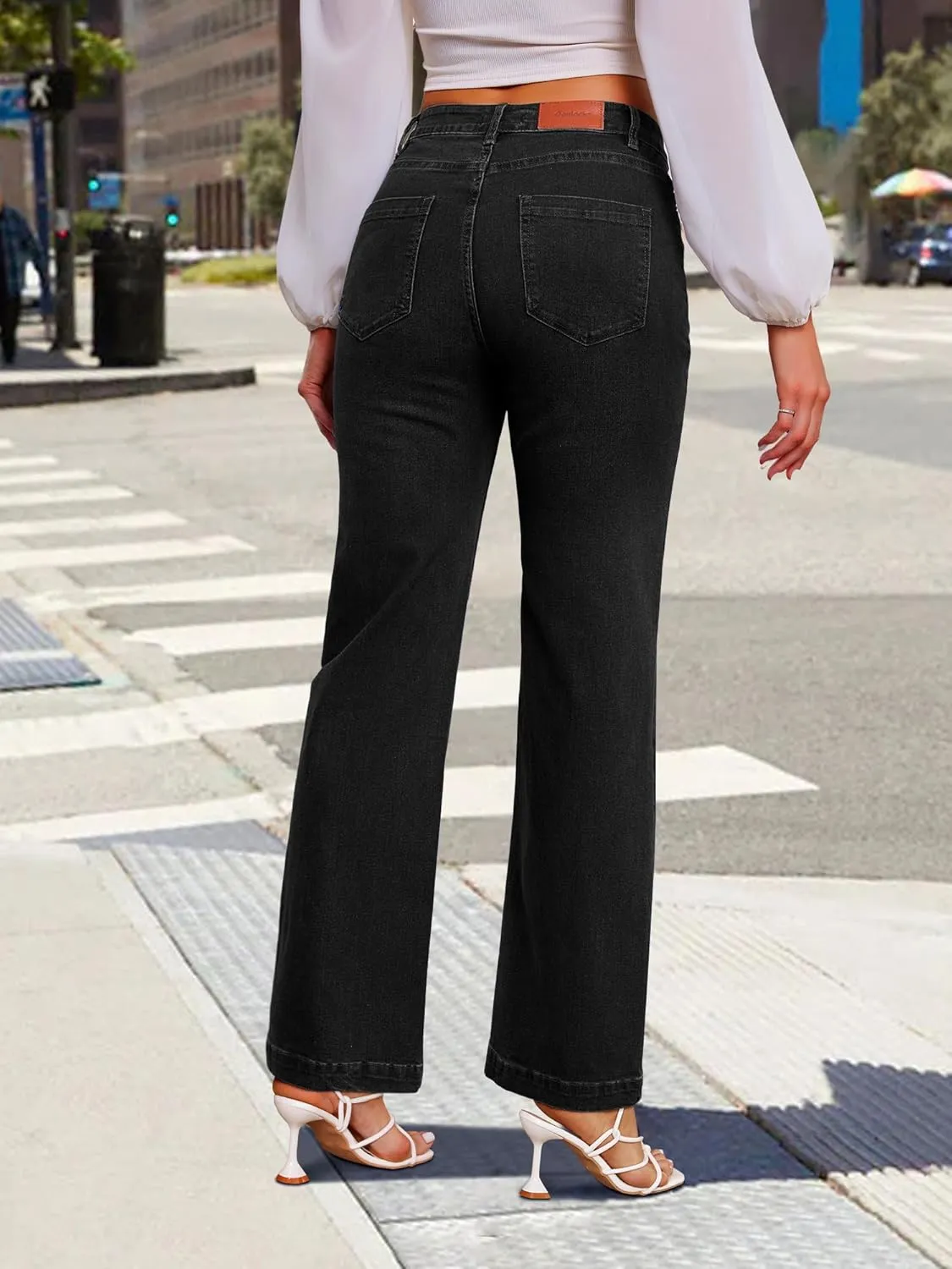 Genleck Wide Leg Jeans for Women  High Waisted Stretch Front Patch Pockets Trendy Jeans Baggy Mom Tummy Control Denim Pants