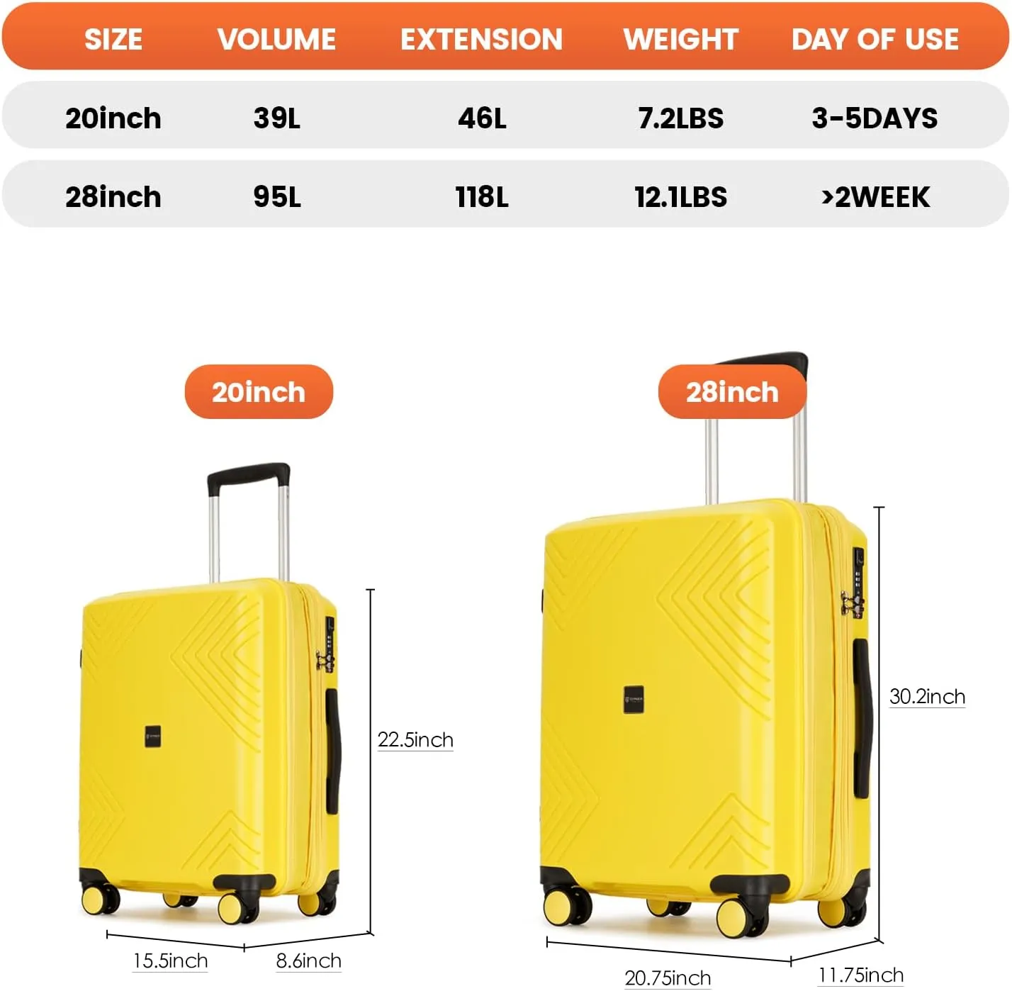 GinzaTravel Rune series expandable 2 Luggage Sets,Lightweight Hardside Suitcase With Spinner Wheels TSA Lock,PP material business fashion suitcase