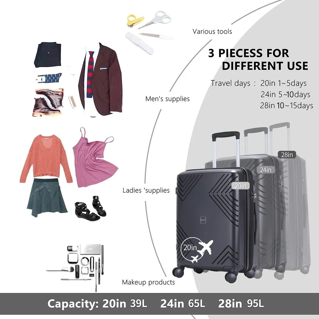 GinzaTravel Rune series expandable 2 Luggage Sets,Lightweight Hardside Suitcase With Spinner Wheels TSA Lock,PP material business fashion suitcase