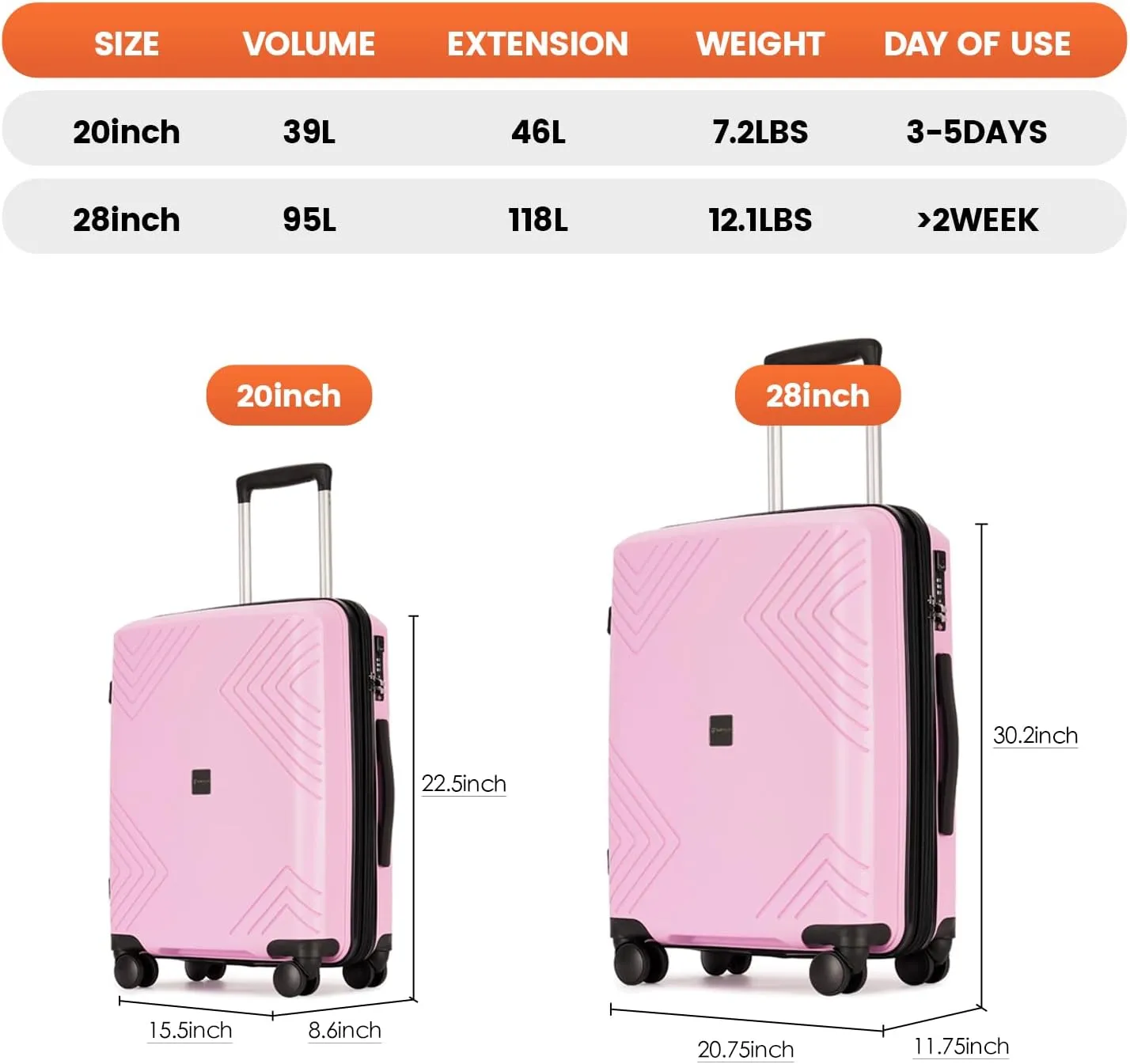GinzaTravel Rune series expandable 2 Luggage Sets,Lightweight Hardside Suitcase With Spinner Wheels TSA Lock,PP material business fashion suitcase