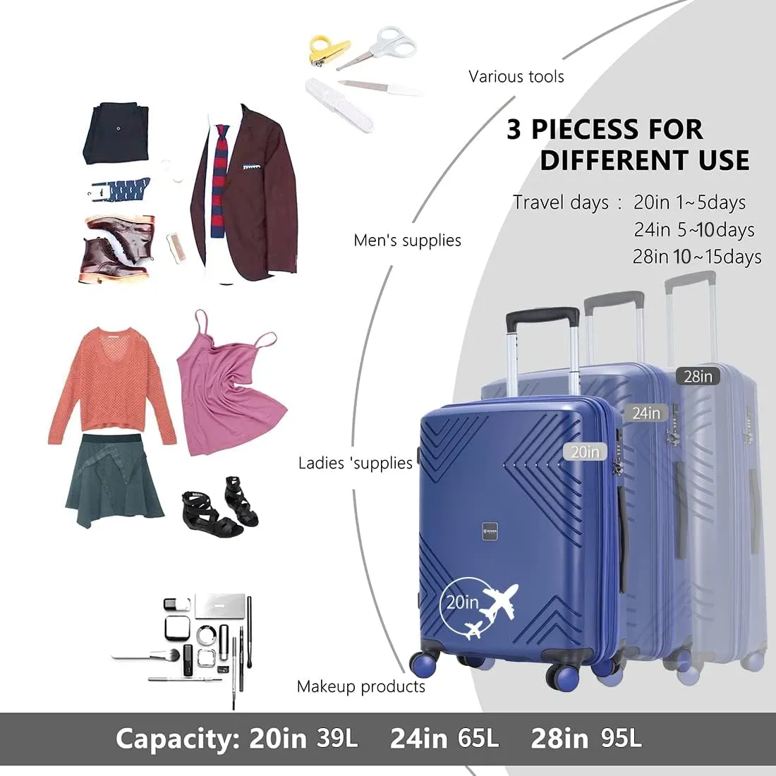 GinzaTravel Rune series expandable 2 Luggage Sets,Lightweight Hardside Suitcase With Spinner Wheels TSA Lock,PP material business fashion suitcase
