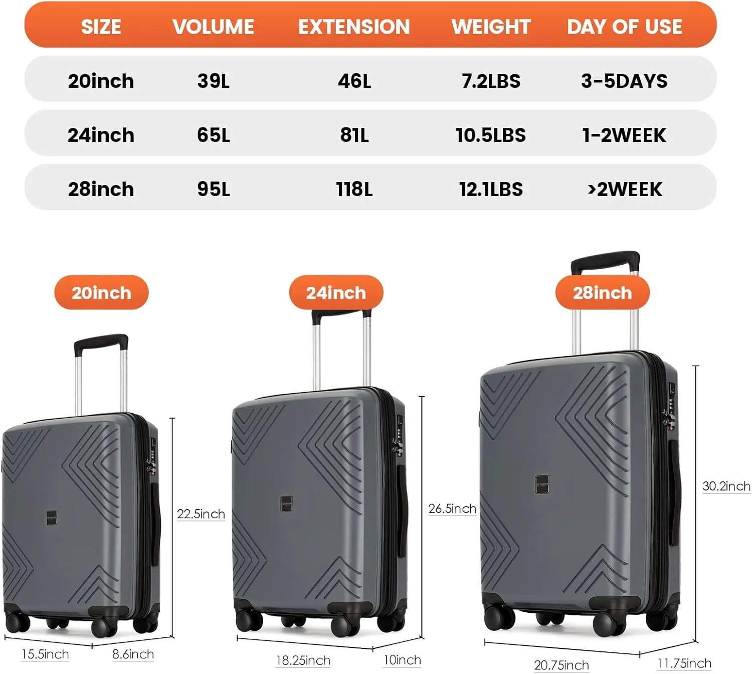GinzaTravel Rune series expandable 3 Luggage Sets,Lightweight Hardside Suitcase With Spinner Wheels TSA Lock,PP material business fashion suitcase