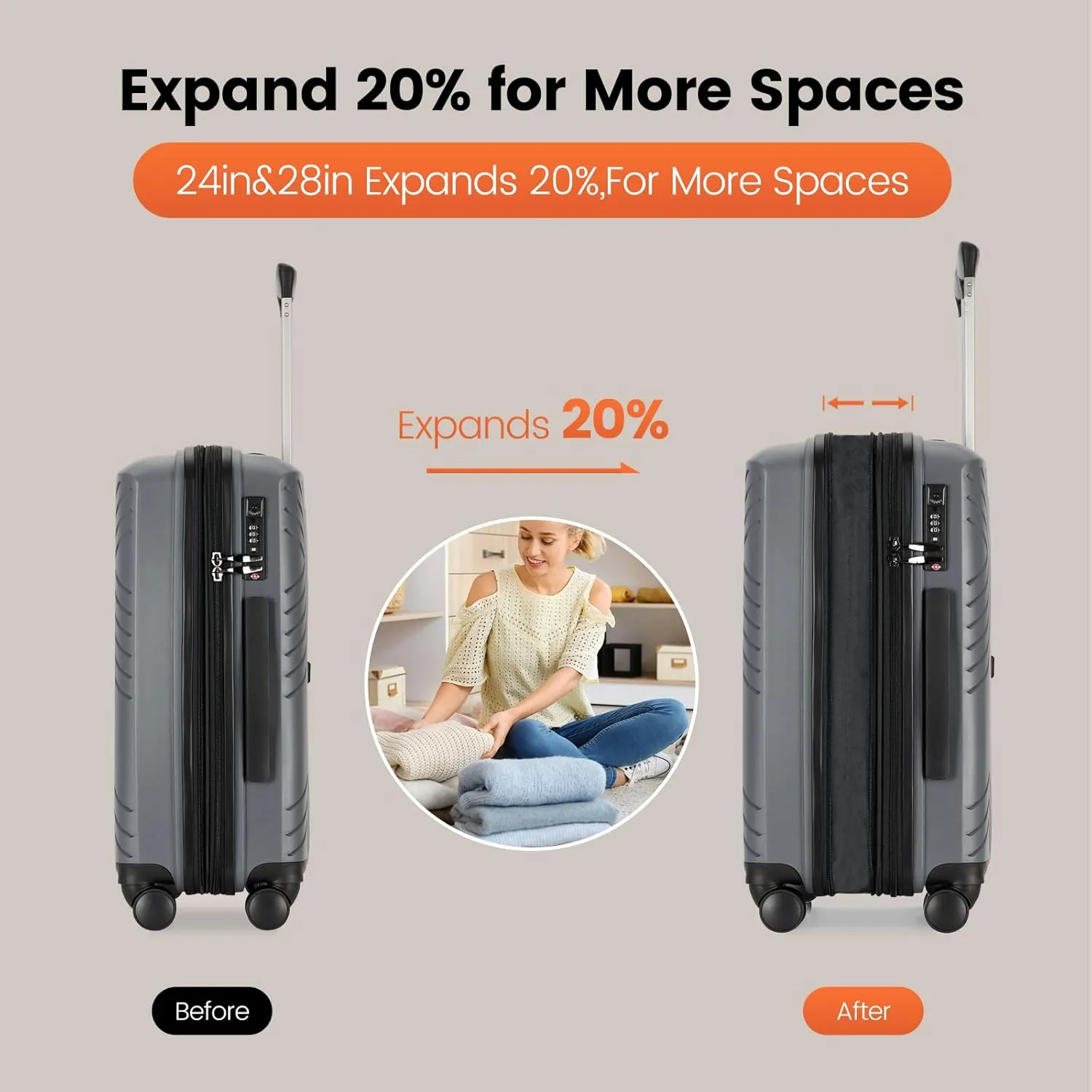GinzaTravel Rune series expandable 3 Luggage Sets,Lightweight Hardside Suitcase With Spinner Wheels TSA Lock,PP material business fashion suitcase